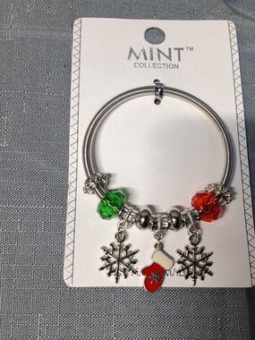 Silver Holiday Charm Bracelet with Green and Red Beads